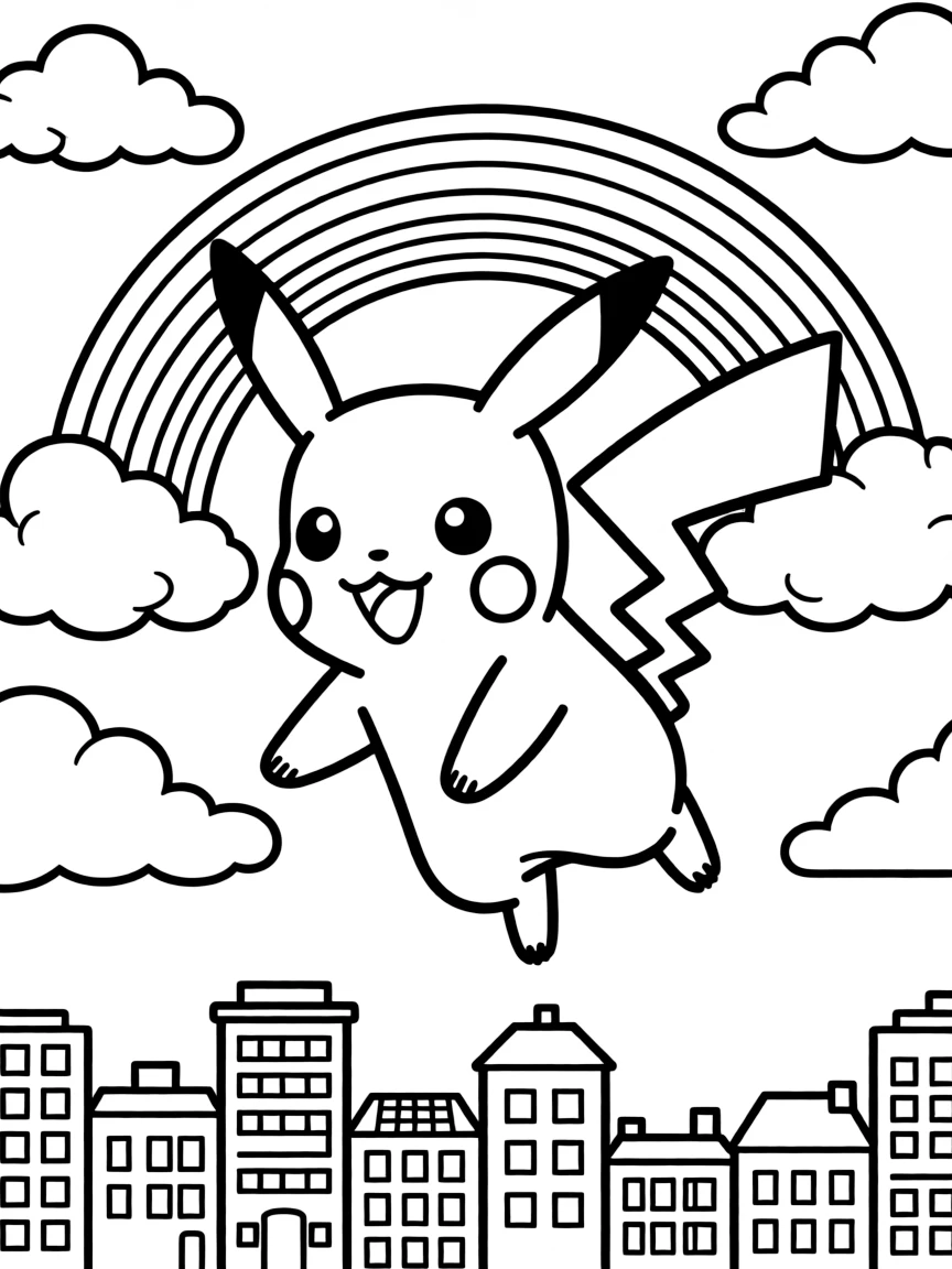 Pikachu flying through the clouds with a rainbow behind and city skyline below.