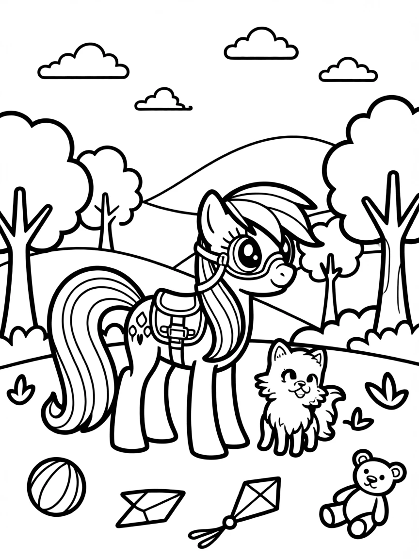 My Little Pony smiling and posing with their sidekicks, surrounded by trees, toys, or fun backgrounds.