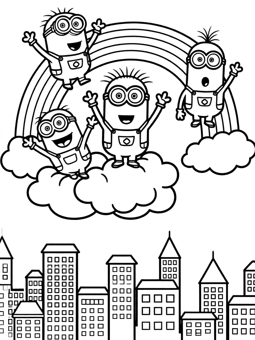 Minions flying through the clouds with a rainbow behind and city skyline below.