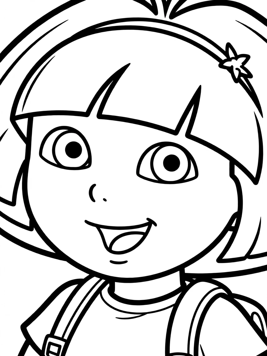 A close-up of Dora the Explorer's face in bold lines with expressive eyes and detailed costume elements.