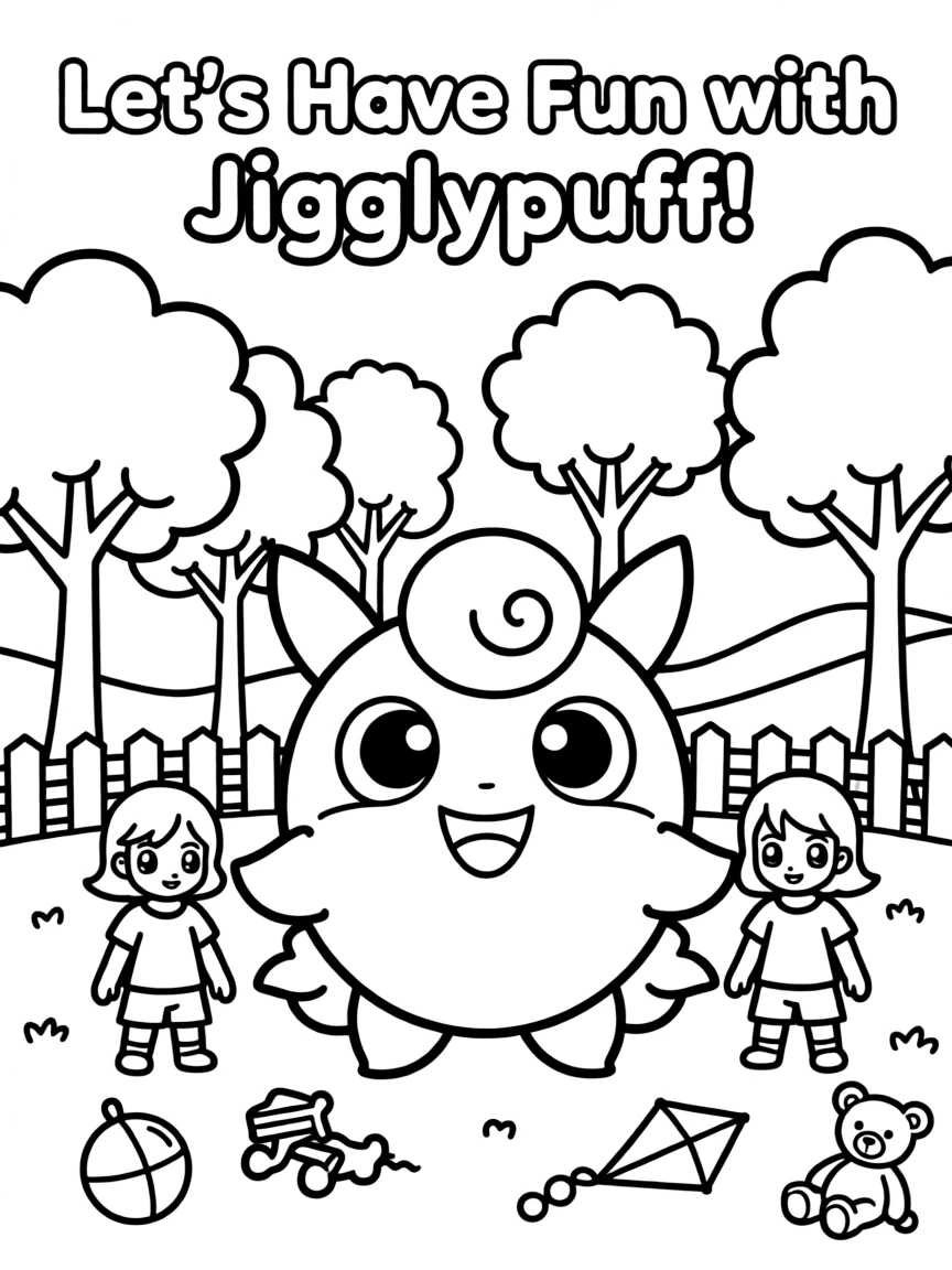 Jigglypuff smiling and posing with their sidekicks, surrounded by trees, toys, or fun backgrounds.