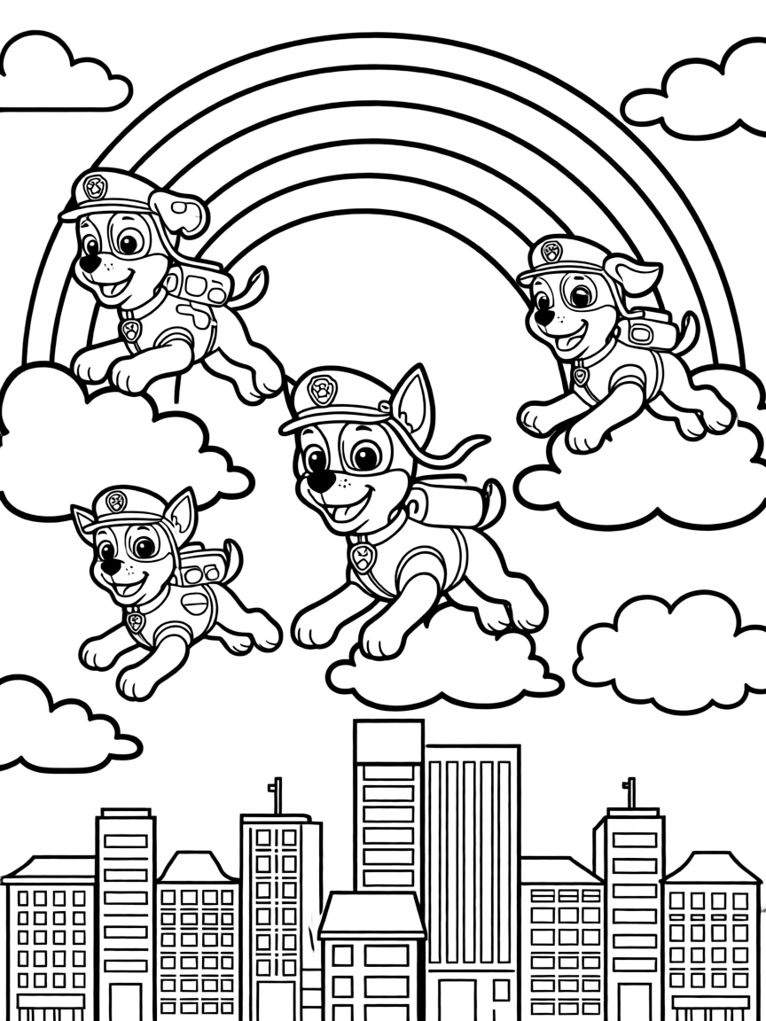 Paw Patrol flying through the clouds with a rainbow behind and city skyline below.