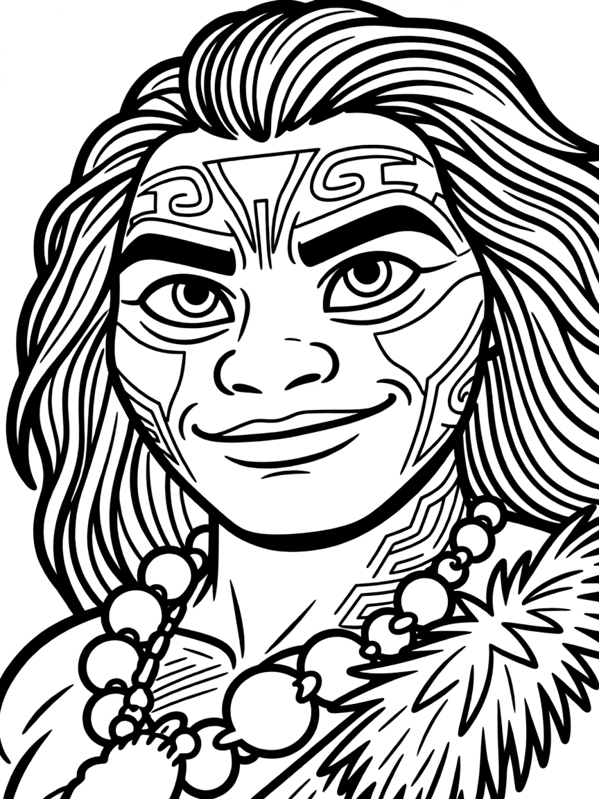 A close-up of Maui's face in bold lines with expressive eyes and detailed costume elements.