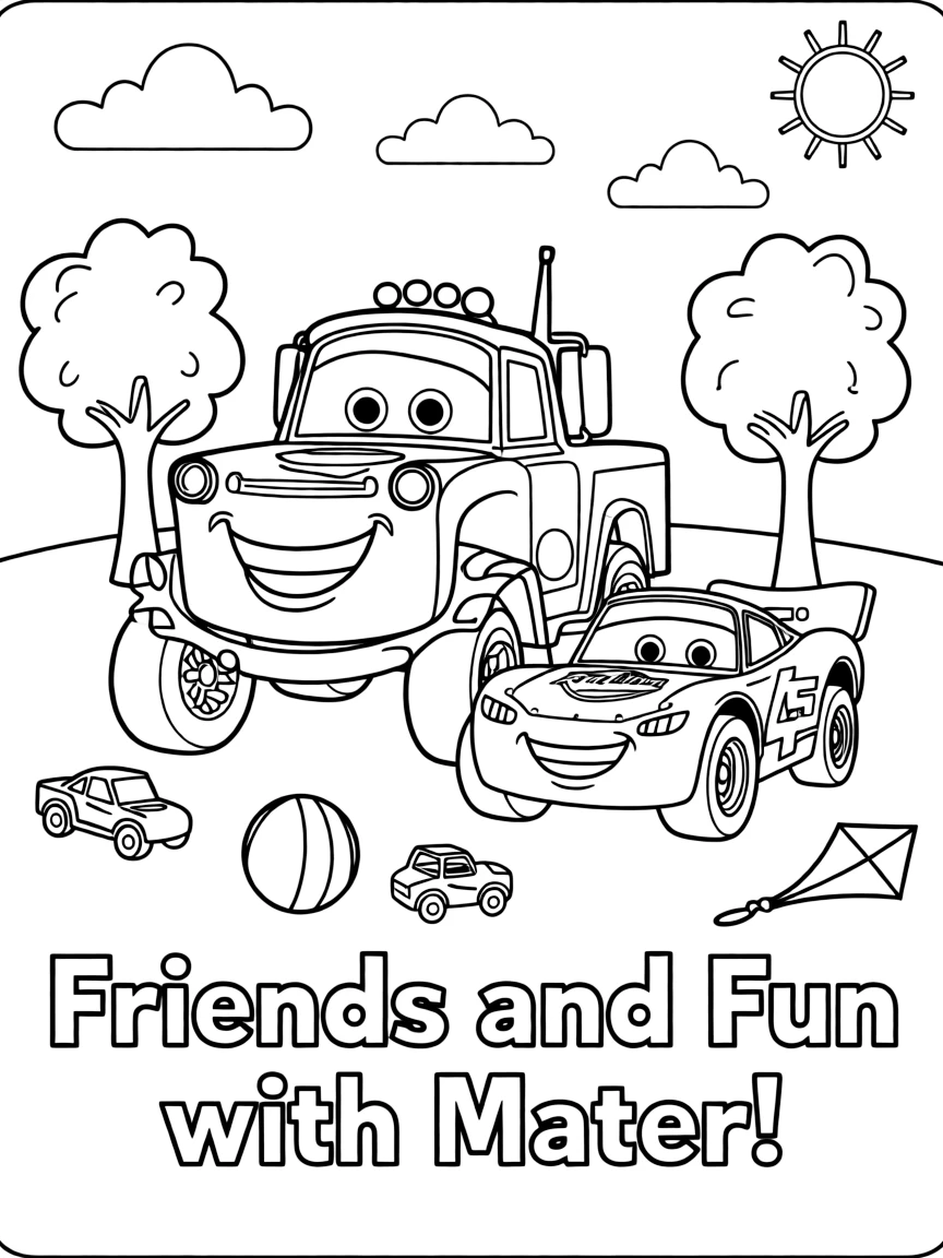 Mater smiling and posing with their sidekicks, surrounded by trees, toys, or fun backgrounds.