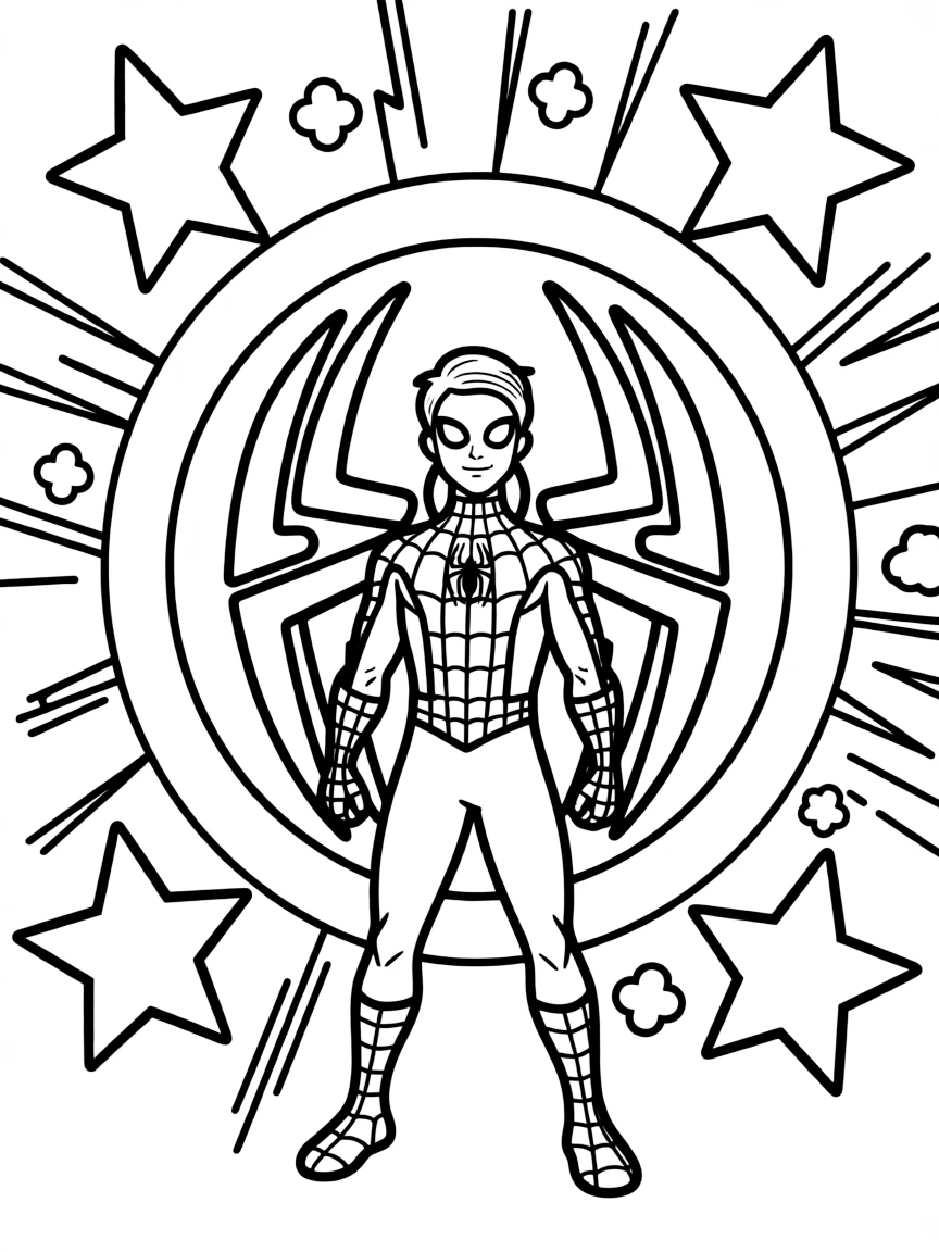 Spiderman standing proudly in front of their iconic logo with stars and comic-style effects around.