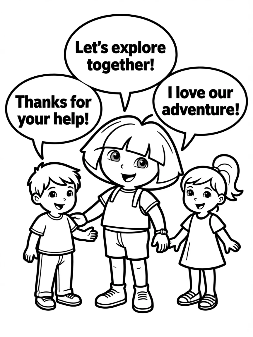 A cartoon-style drawing of Dora the Explorer helping friends, with speech bubbles and cheerful faces.
