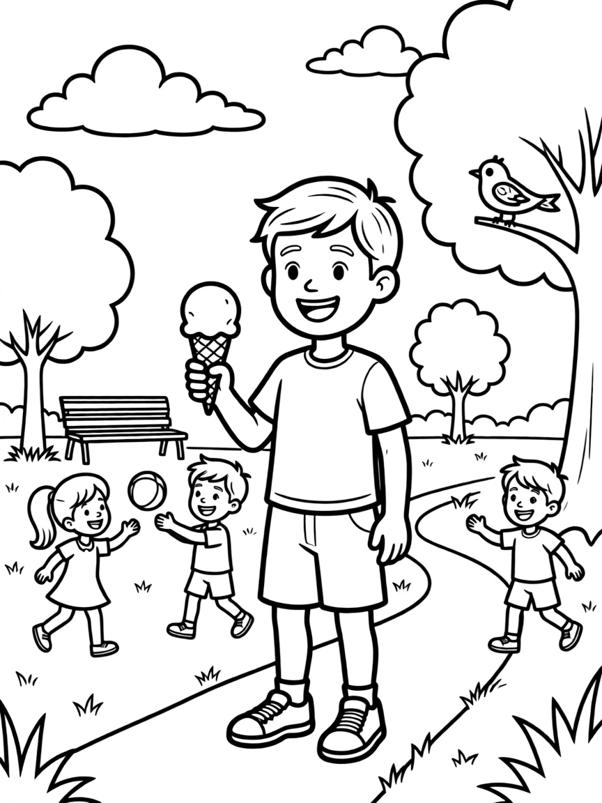 Thor enjoying a day off, eating ice cream or playing with friends in a park setting.