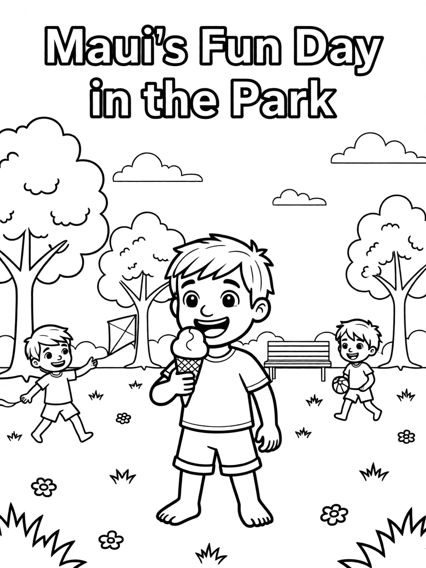 Maui enjoying a day off, eating ice cream or playing with friends in a park setting.