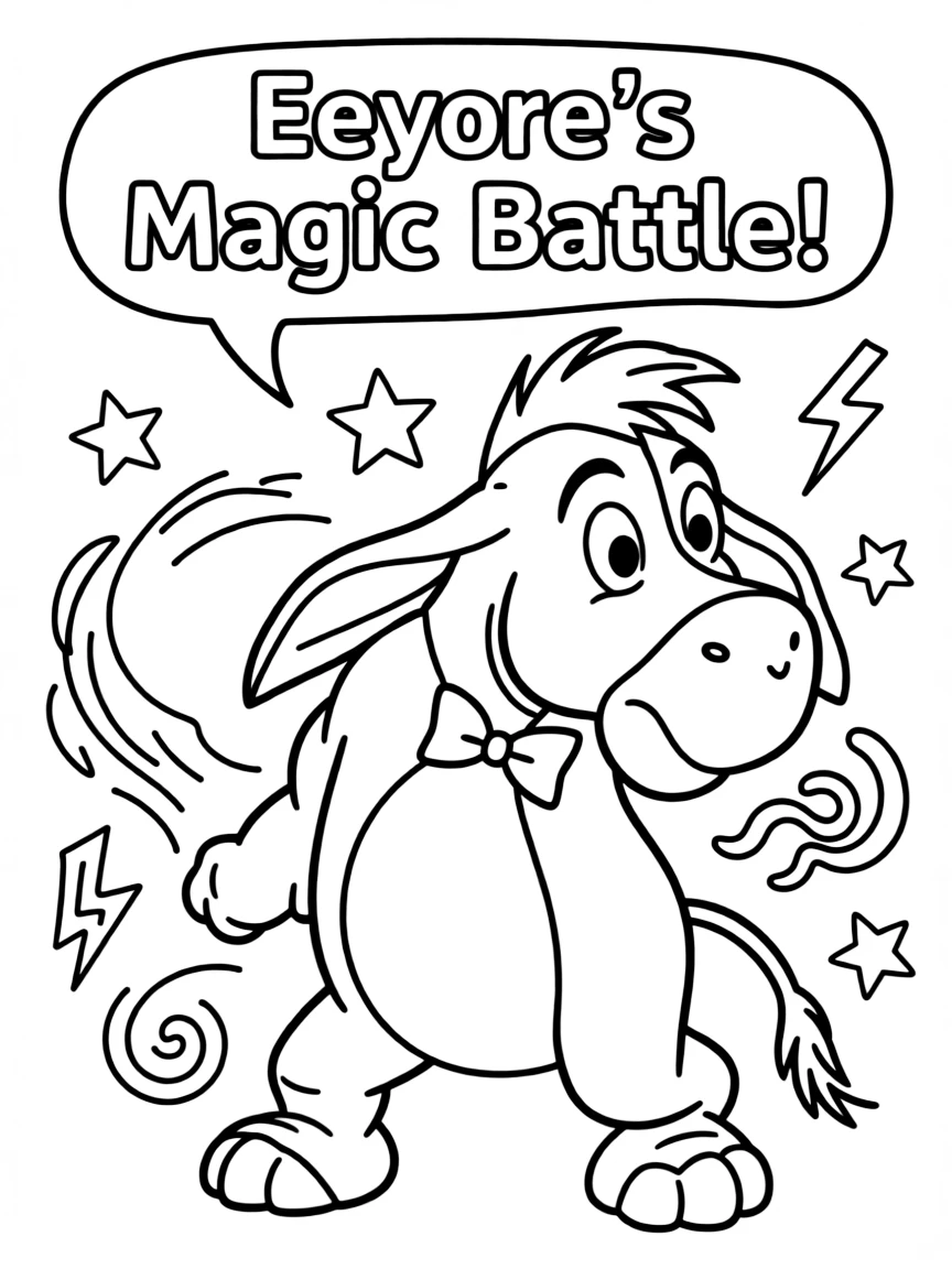 An action-packed scene of Eeyore using their special powers in a dramatic battle pose.