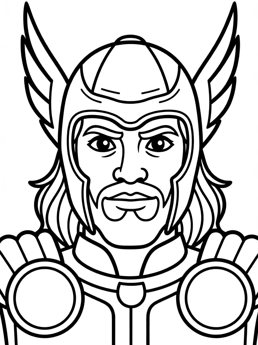 A close-up of Thor's face in bold lines with expressive eyes and detailed costume elements.