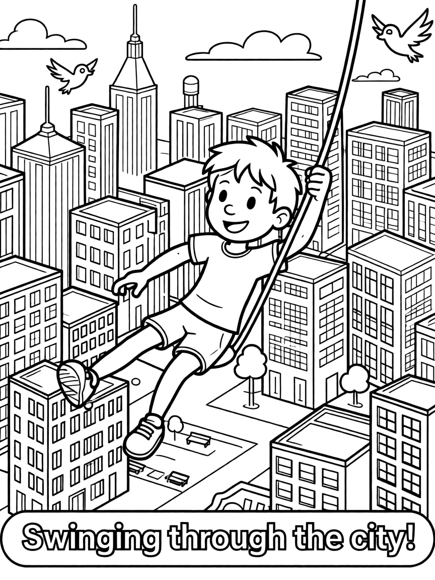 A fun and detailed coloring page of Steve swinging through a city full of tall buildings and birds.