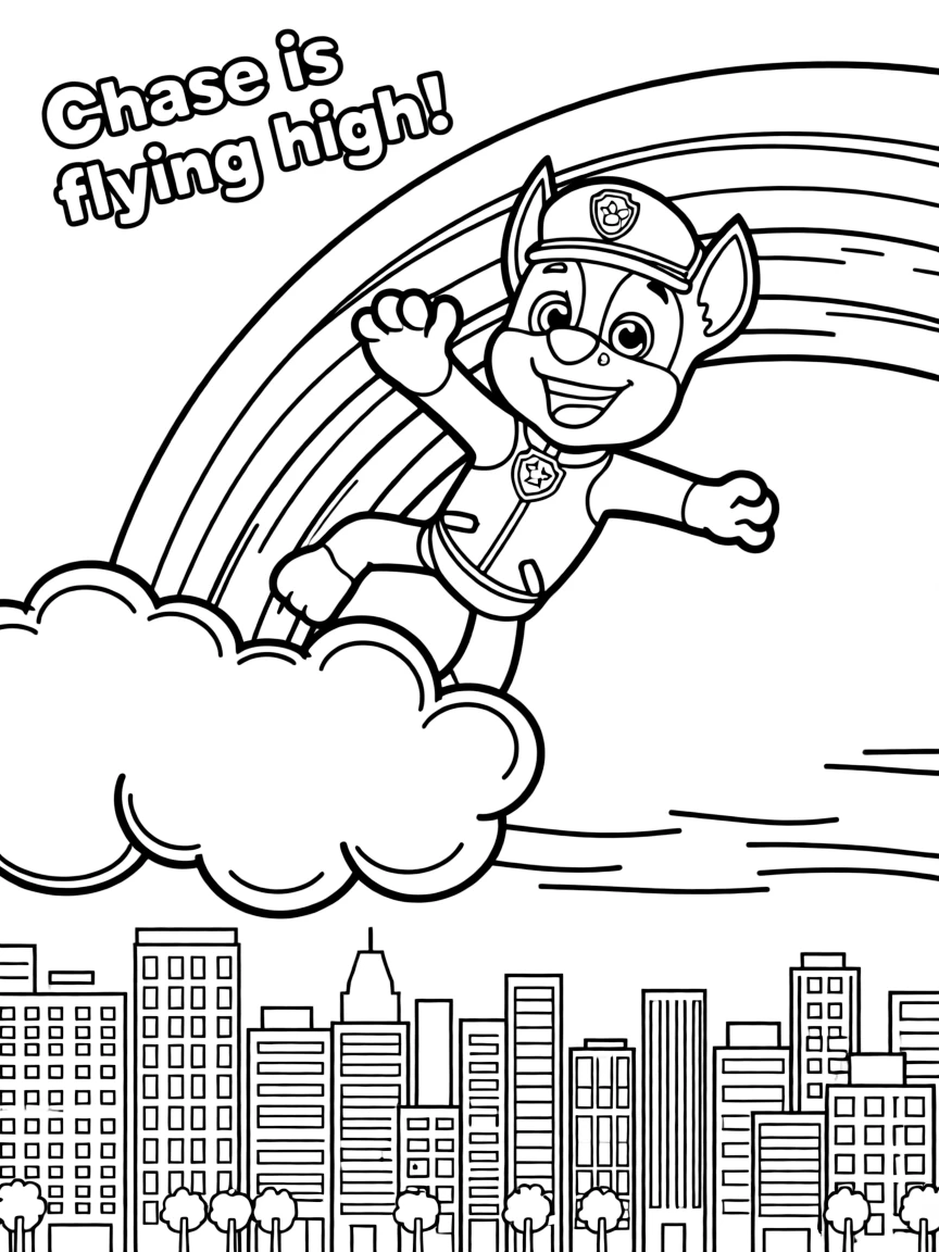 Chase flying through the clouds with a rainbow behind and city skyline below.
