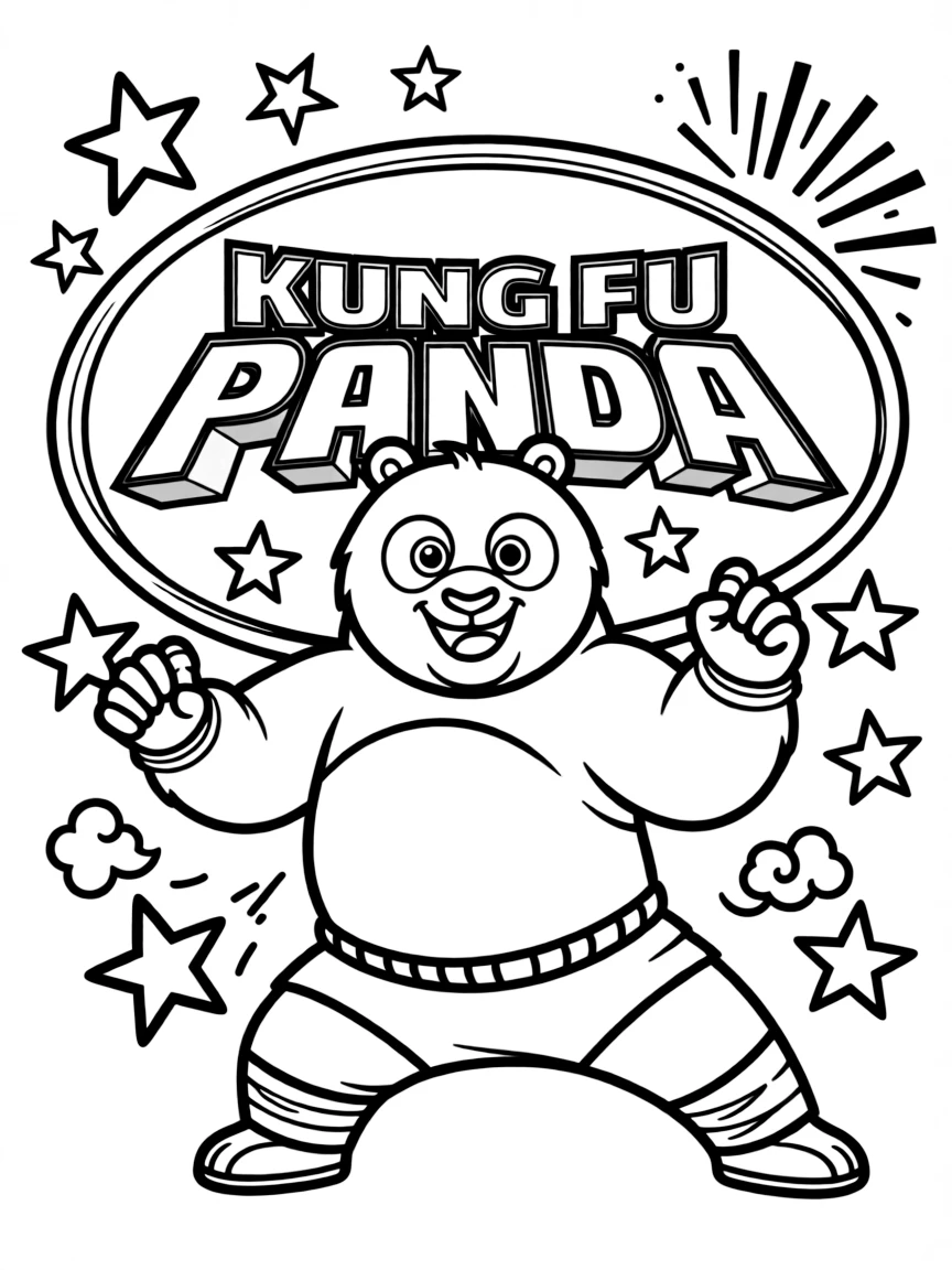 Kung Fu Panda standing proudly in front of their iconic logo with stars and comic-style effects around.