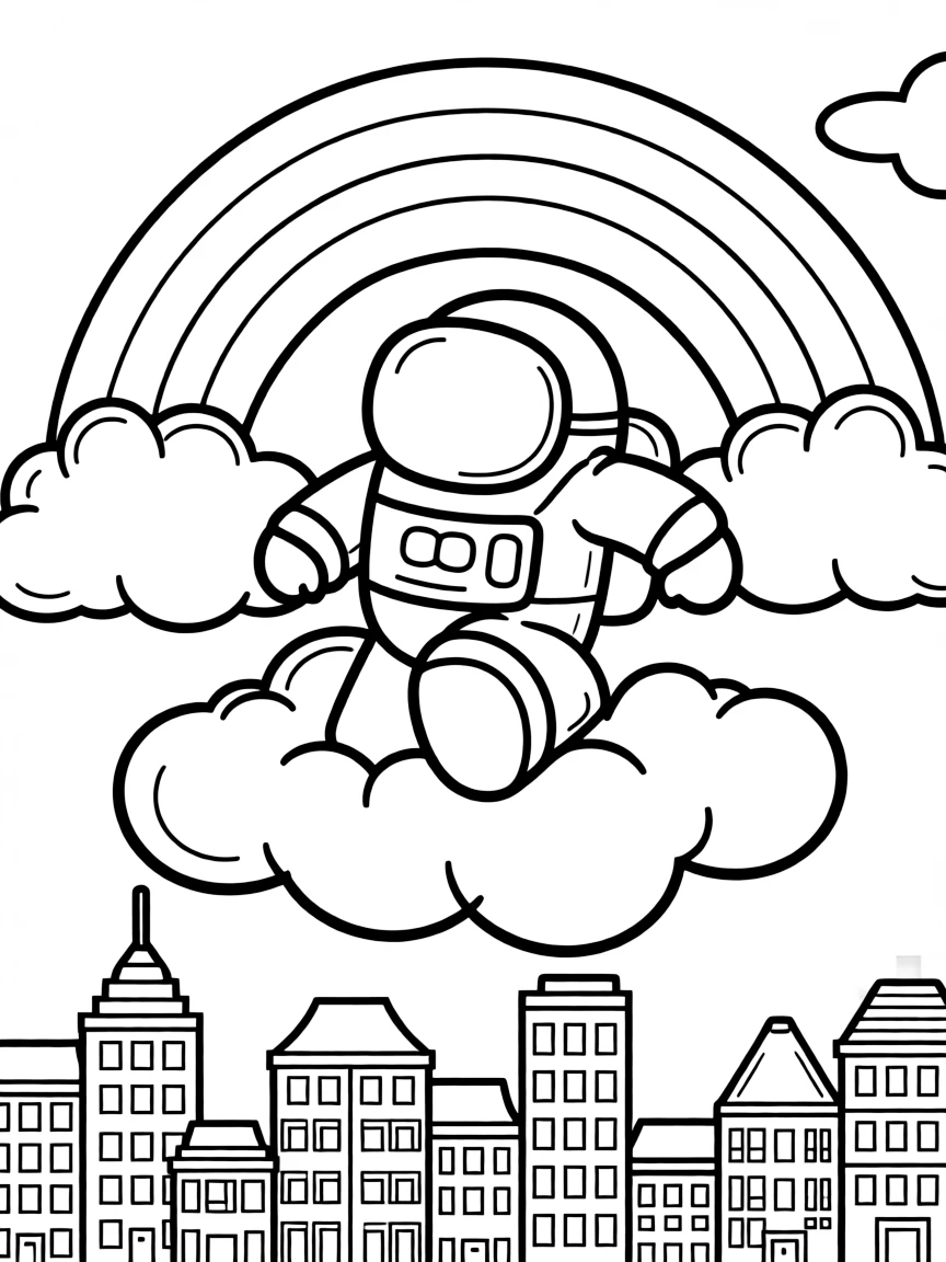 Among Us flying through the clouds with a rainbow behind and city skyline below.