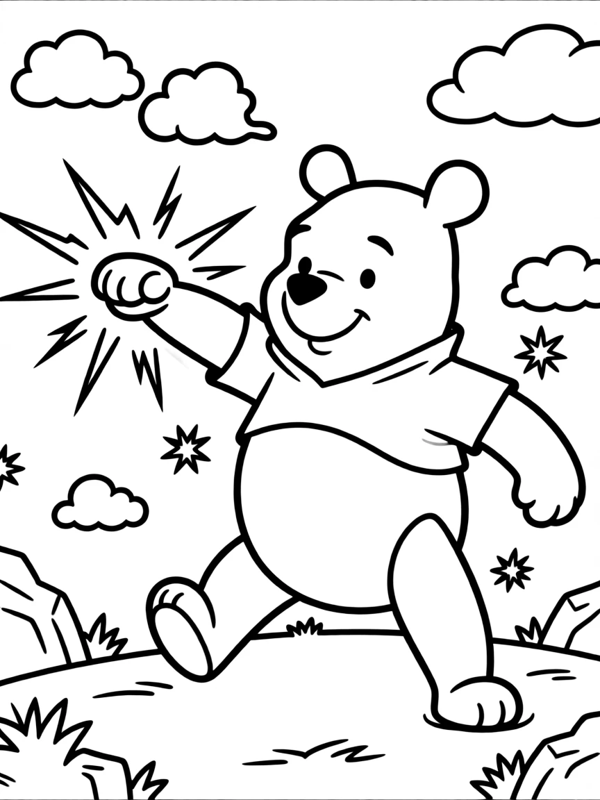 An action-packed scene of Winnie the Pooh using their special powers in a dramatic battle pose.