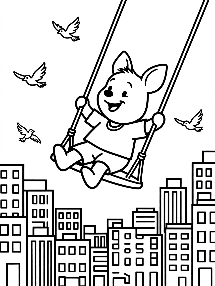 A fun and detailed coloring page of Piglet swinging through a city full of tall buildings and birds.