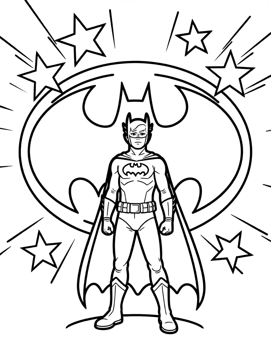 Batman standing proudly in front of their iconic logo with stars and comic-style effects around.