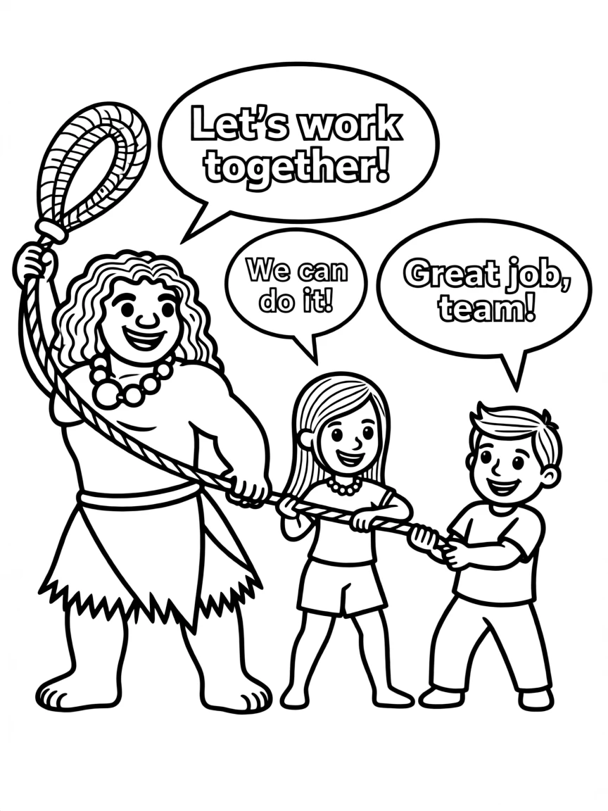 A cartoon-style drawing of Maui helping friends, with speech bubbles and cheerful faces.