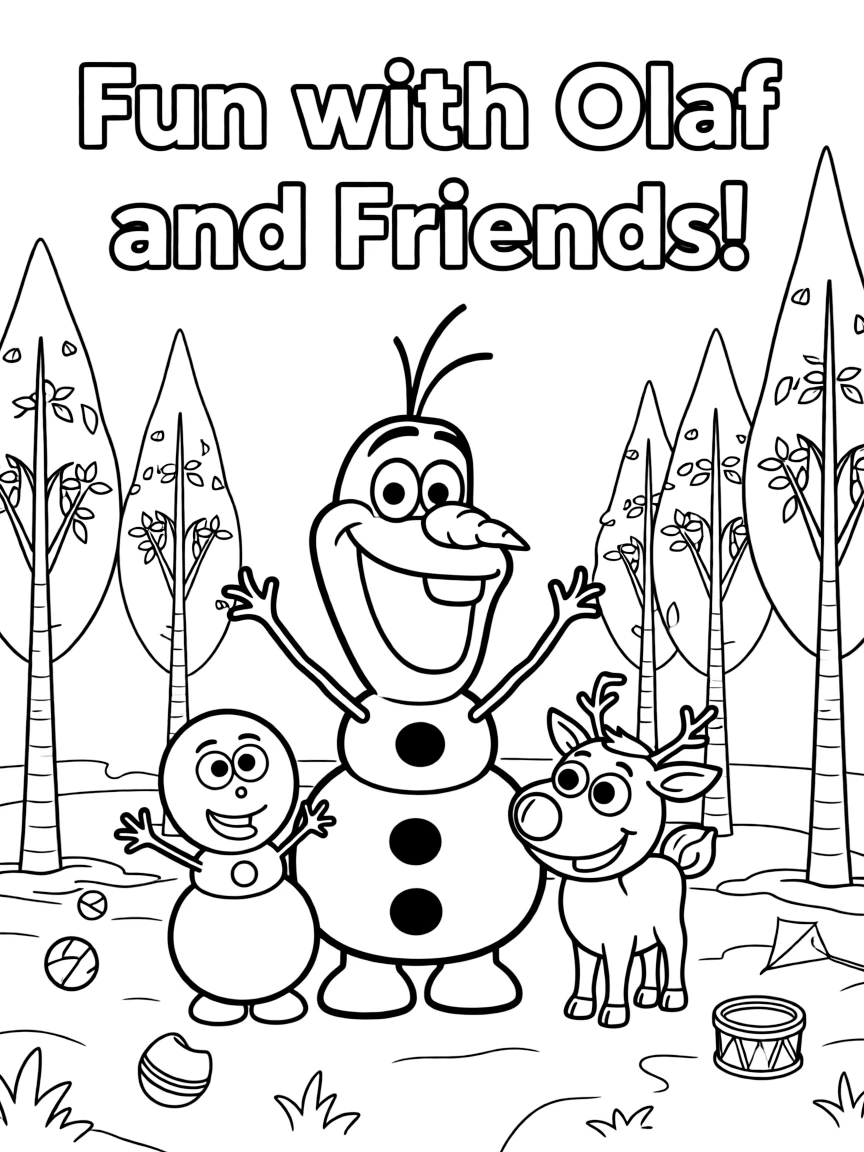 Olaf smiling and posing with their sidekicks, surrounded by trees, toys, or fun backgrounds.
