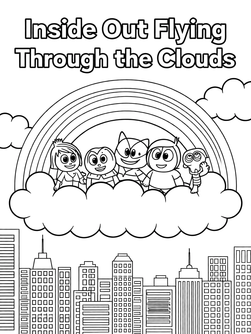 Inside Out flying through the clouds with a rainbow behind and city skyline below.
