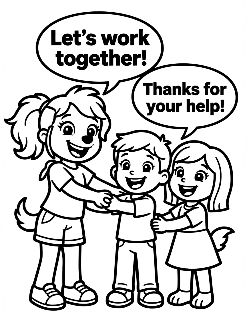 A cartoon-style drawing of Skye helping friends, with speech bubbles and cheerful faces.