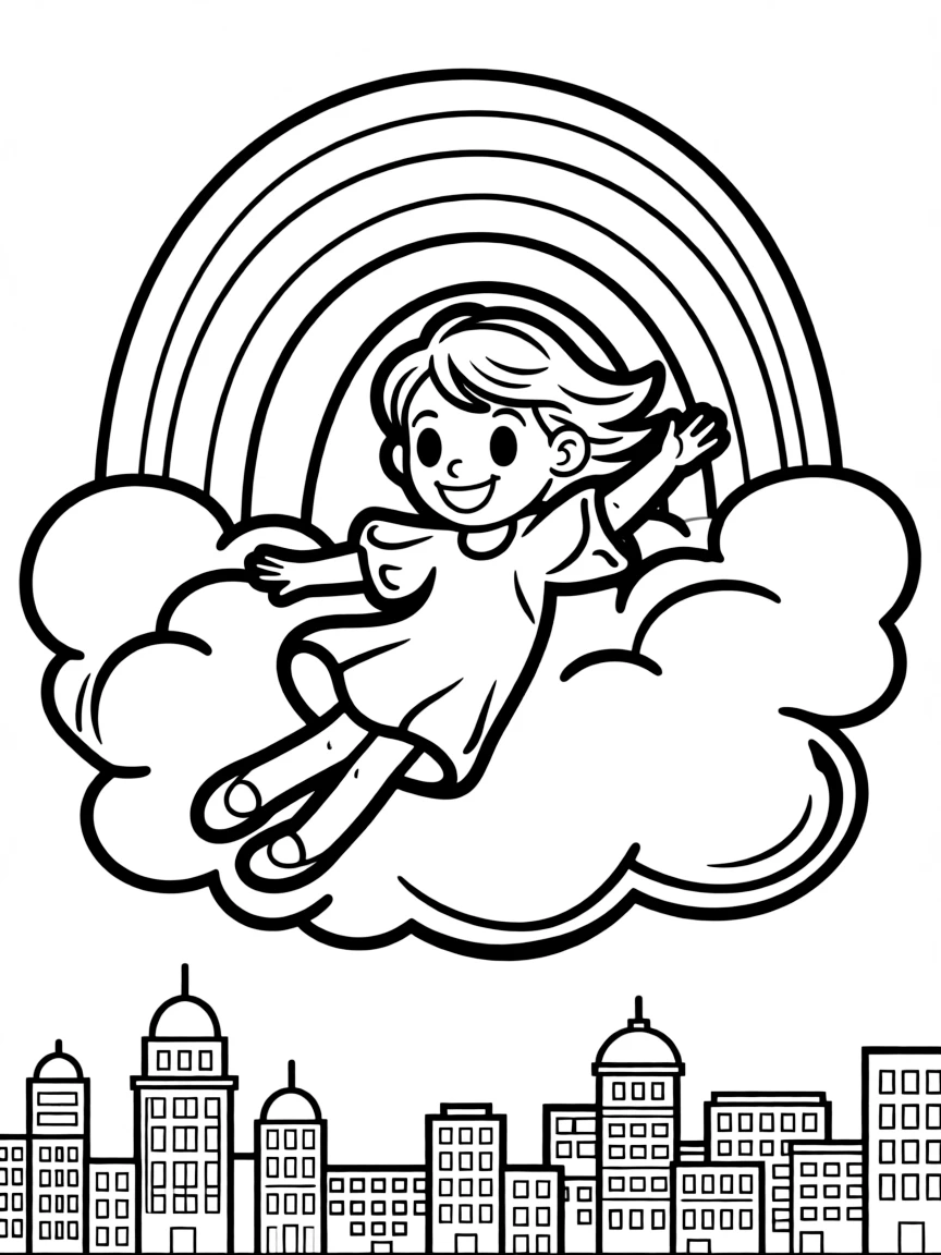 Fiona flying through the clouds with a rainbow behind and city skyline below.