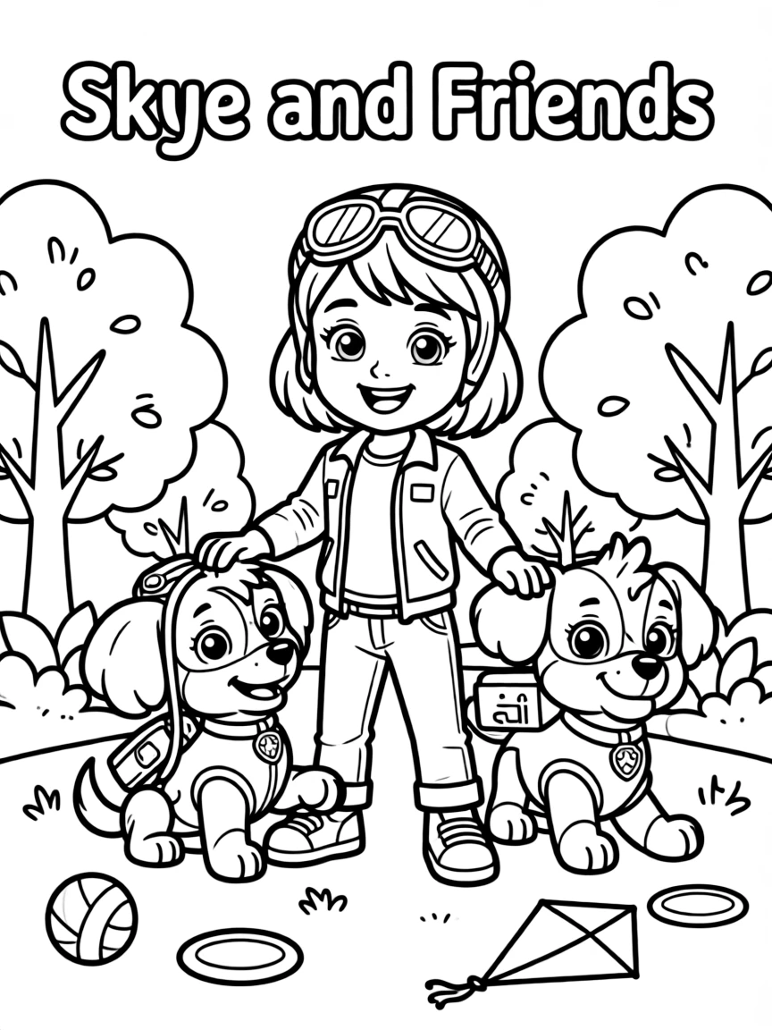 Skye smiling and posing with their sidekicks, surrounded by trees, toys, or fun backgrounds.