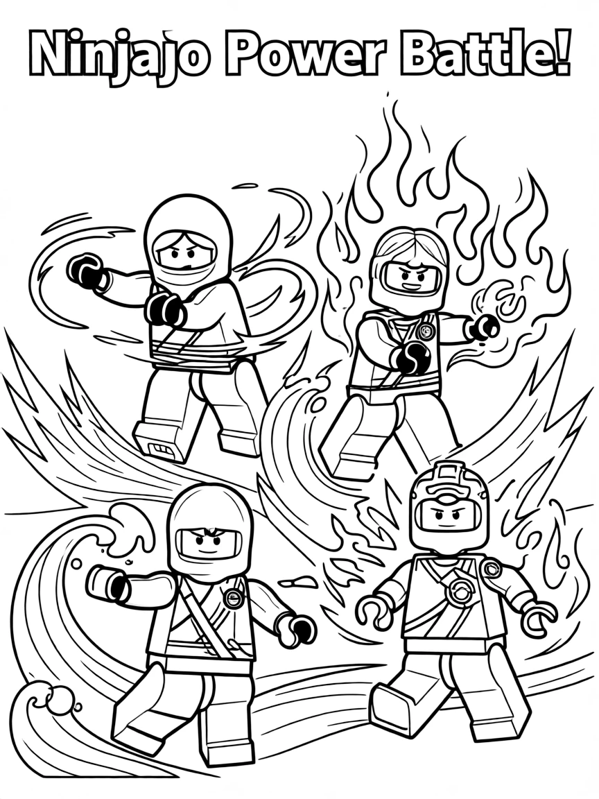 An action-packed scene of Lego Ninjago using their special powers in a dramatic battle pose.