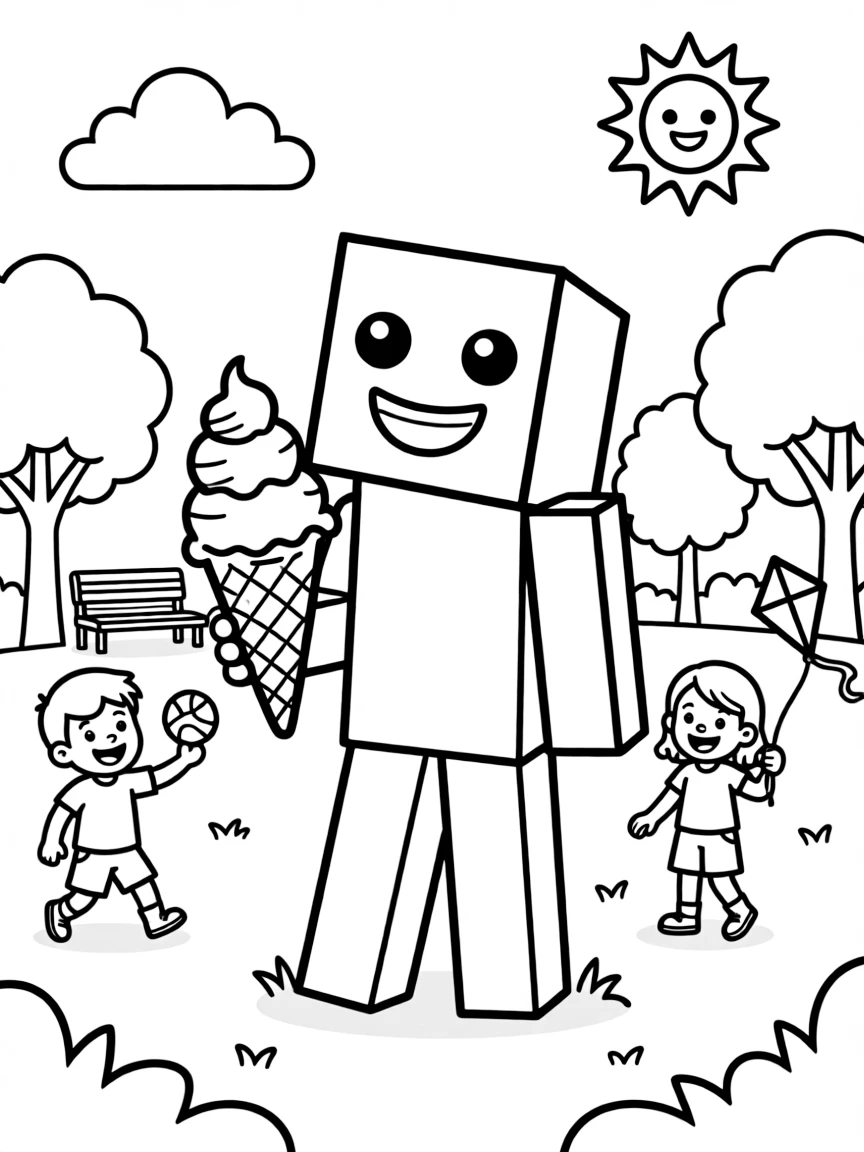 Creeper enjoying a day off, eating ice cream or playing with friends in a park setting.