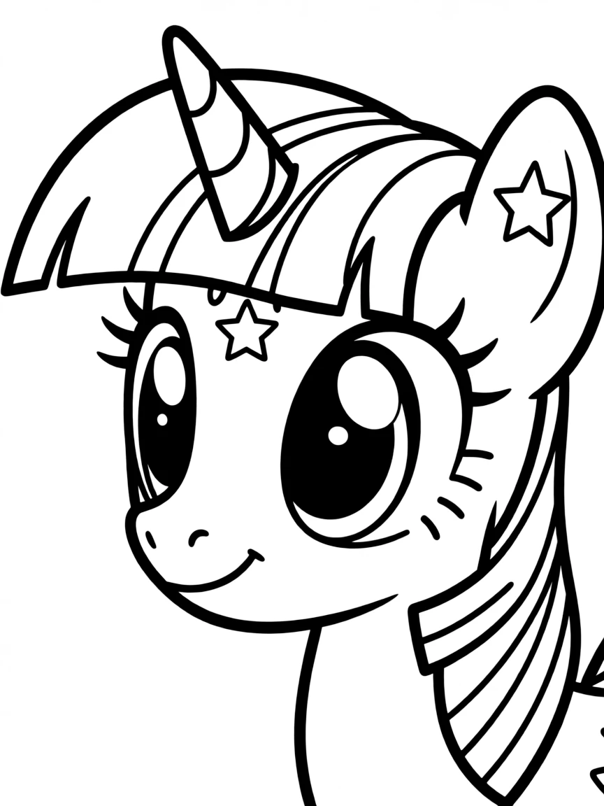 A close-up of Twilight Sparkle's face in bold lines with expressive eyes and detailed costume elements.