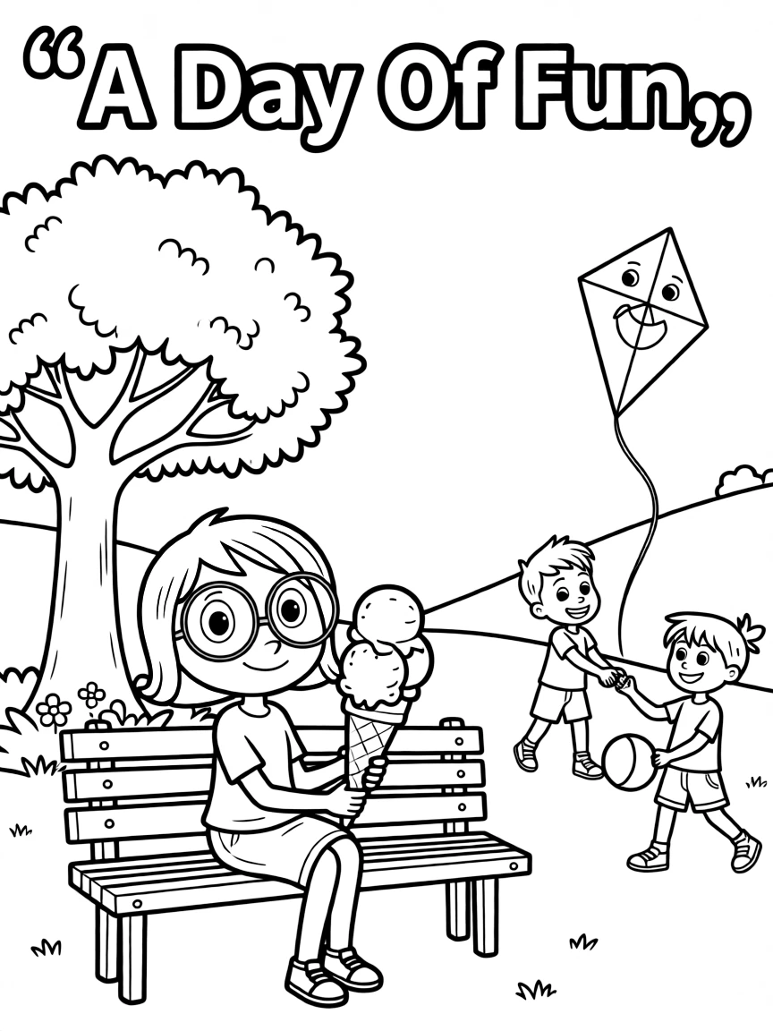 Sadness enjoying a day off, eating ice cream or playing with friends in a park setting.