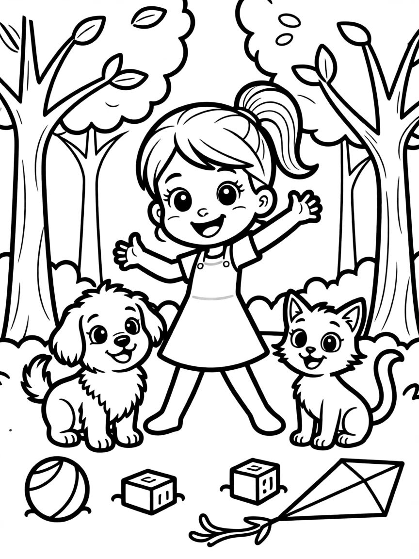 Coco smiling and posing with their sidekicks, surrounded by trees, toys, or fun backgrounds.