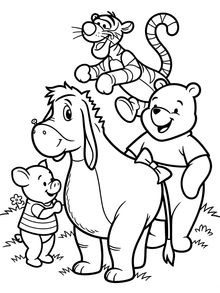 A group coloring page featuring Eeyore with other characters from the same show or movie.