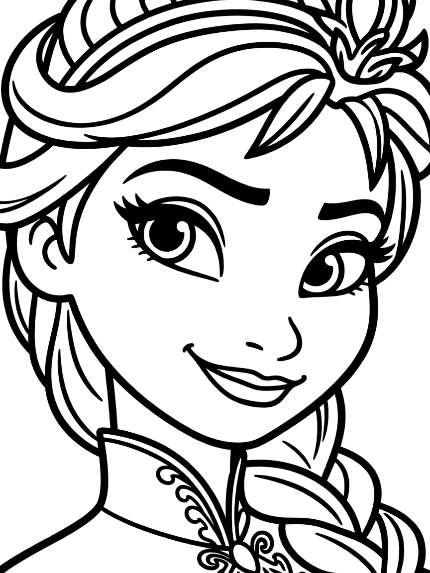 A close-up of Anna's face in bold lines with expressive eyes and detailed costume elements.