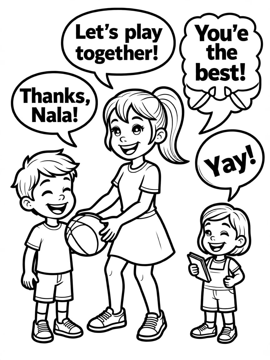 A cartoon-style drawing of Nala helping friends, with speech bubbles and cheerful faces.