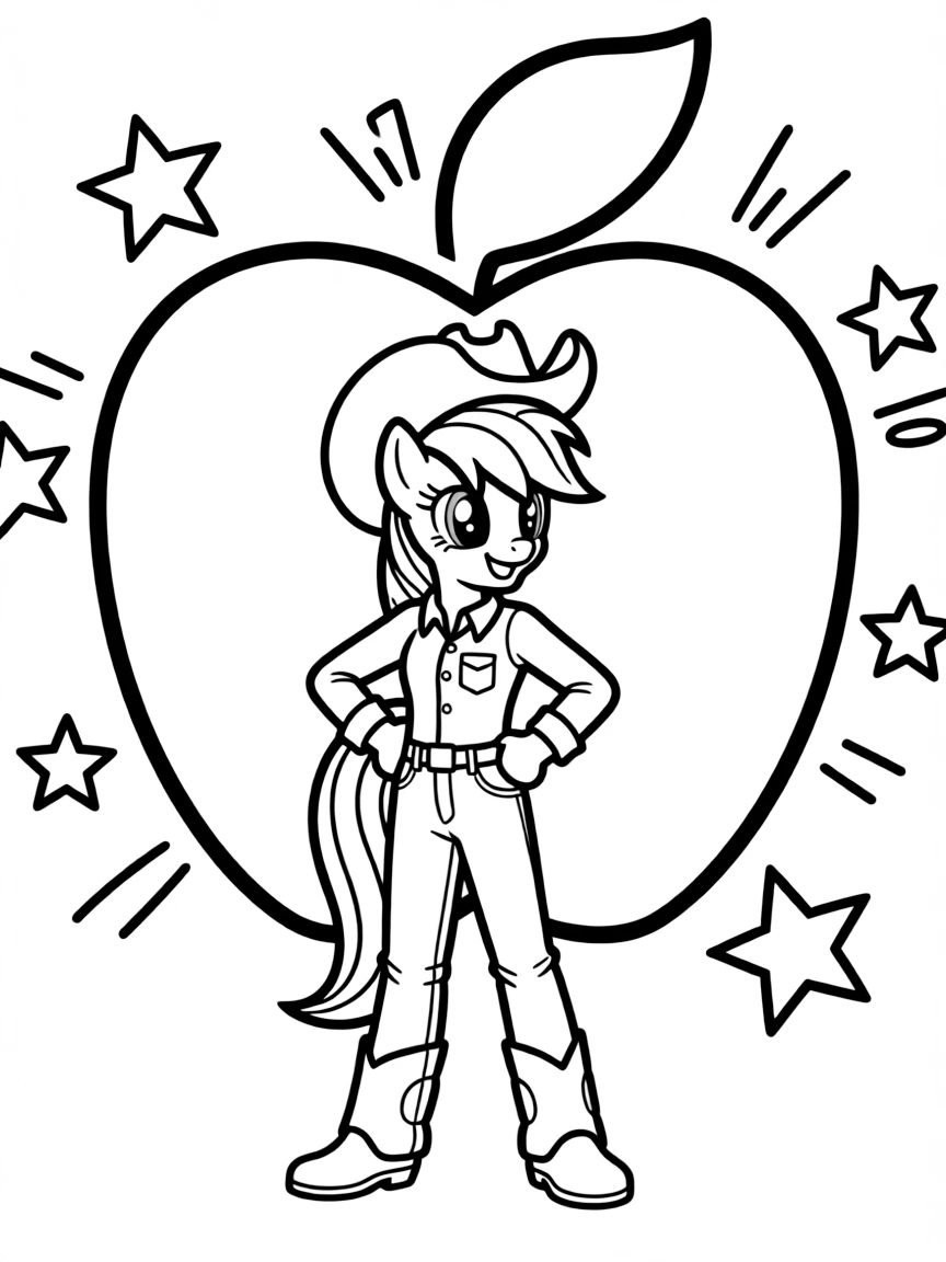 Applejack standing proudly in front of their iconic logo with stars and comic-style effects around.