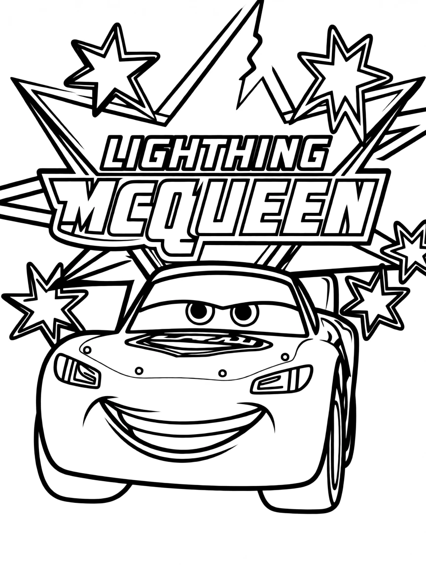 Lightning McQueen standing proudly in front of their iconic logo with stars and comic-style effects around.