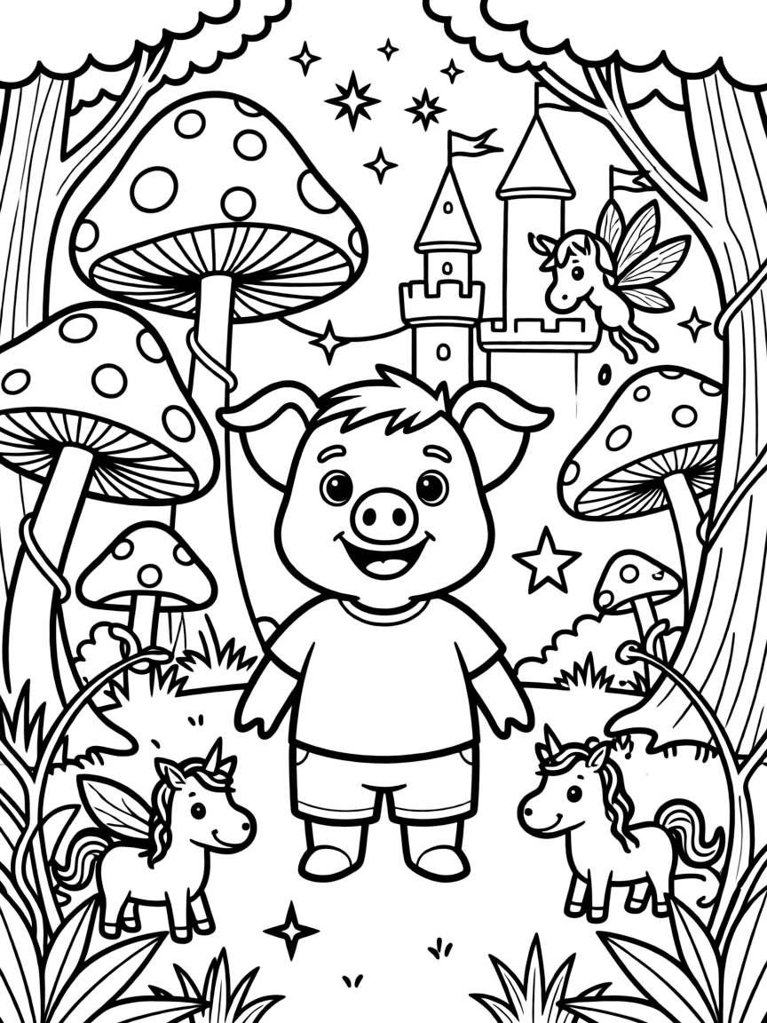 A fantasy background of George Pig in a magical forest or castle, with sparkles and mystical creatures.