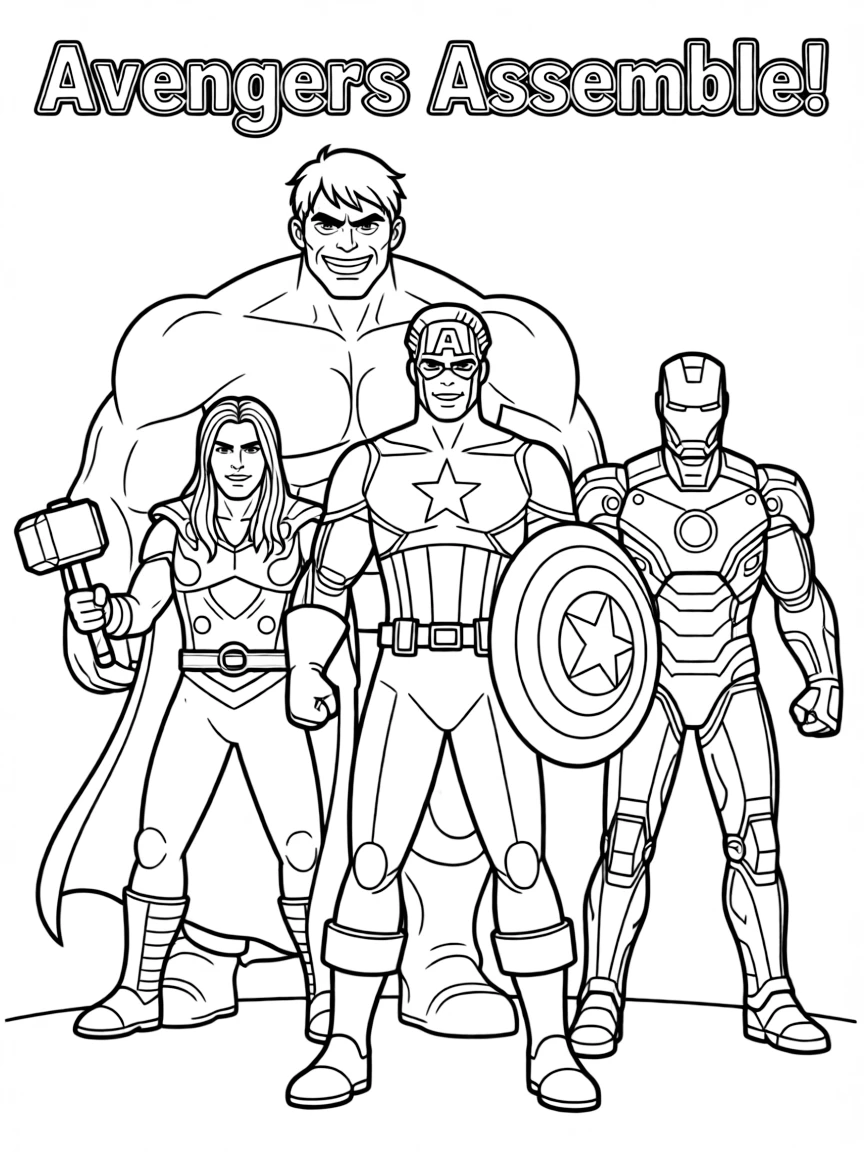 A group coloring page featuring Captain America with other characters from the same show or movie.