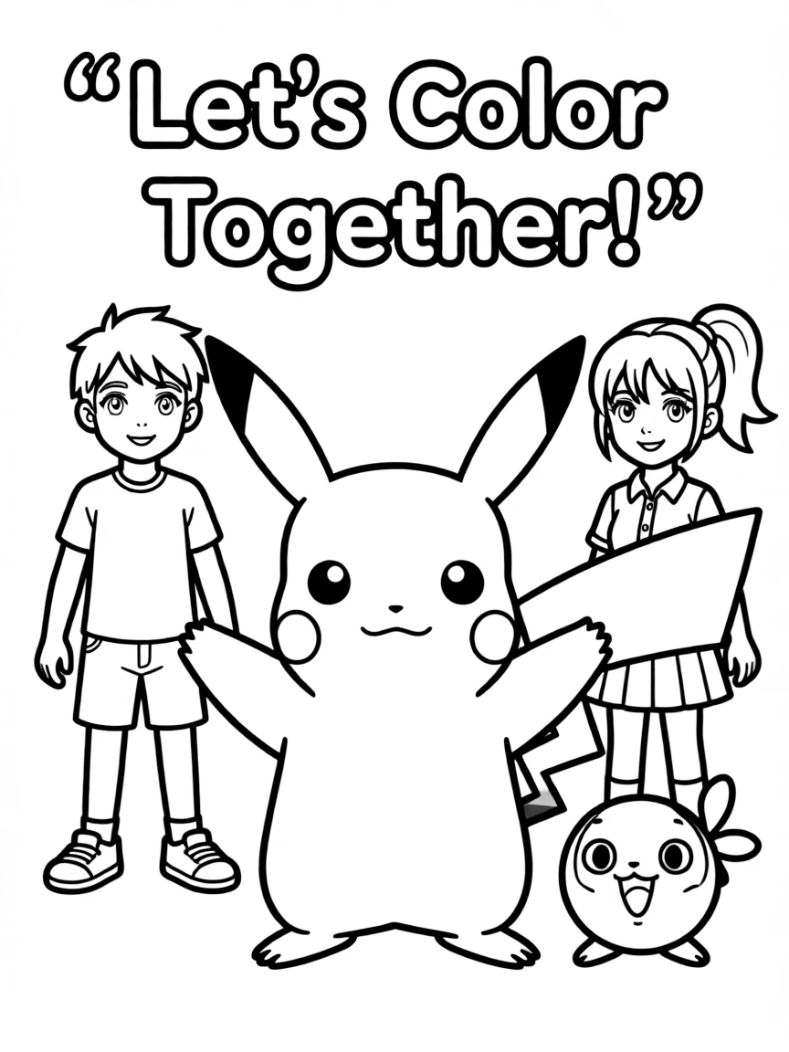 A group coloring page featuring Pikachu with other characters from the same show or movie.