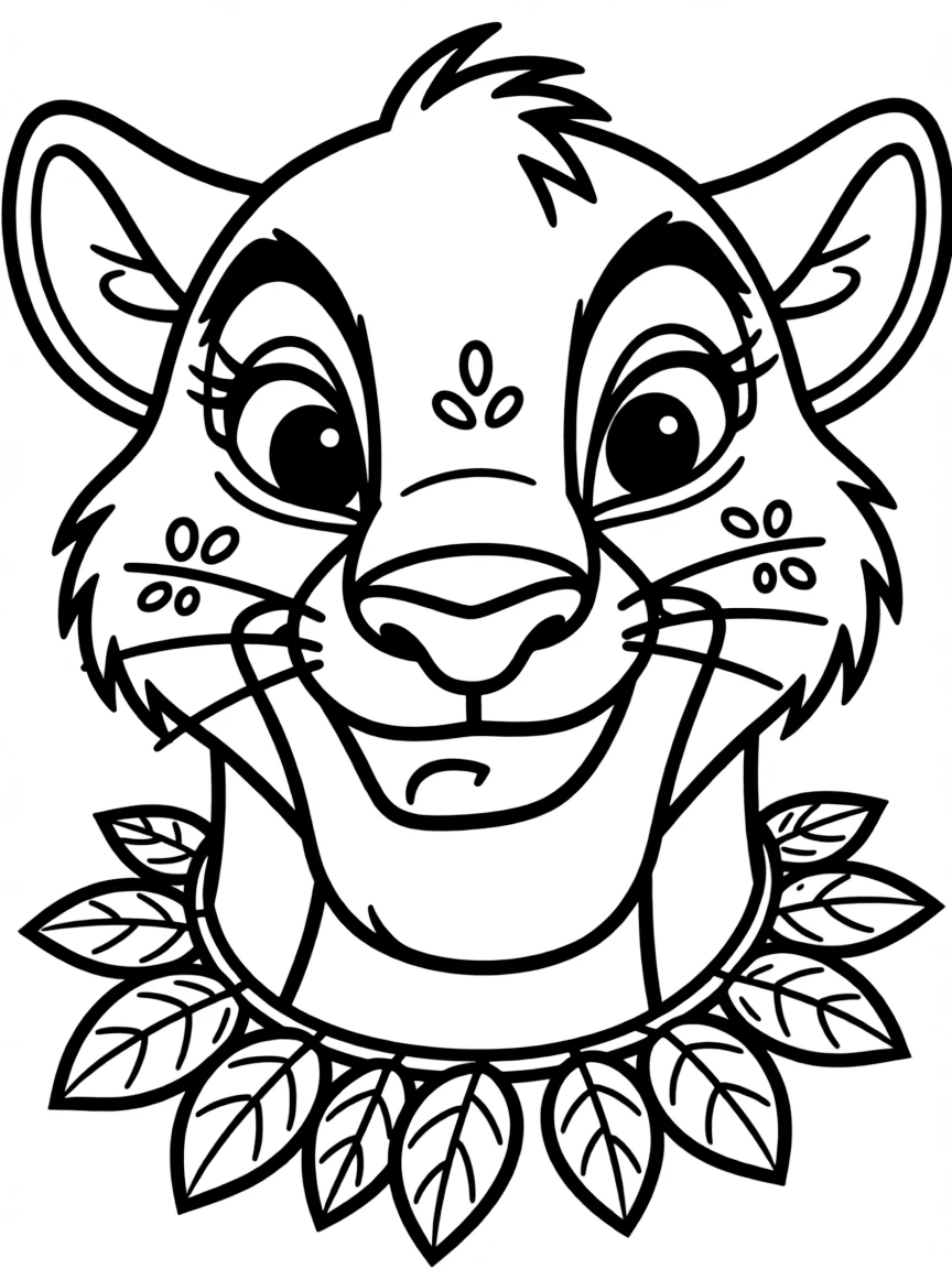A close-up of Timon's face in bold lines with expressive eyes and detailed costume elements.