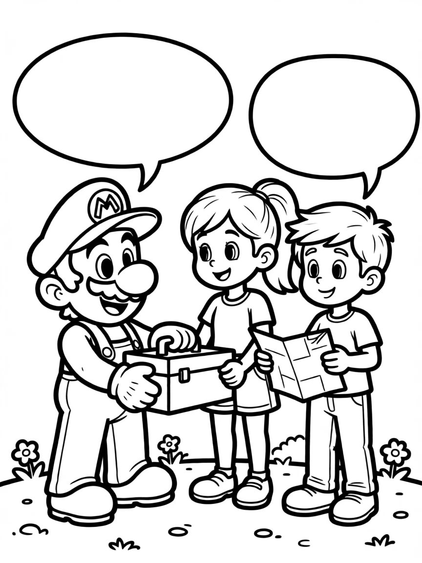 A cartoon-style drawing of Mario helping friends, with speech bubbles and cheerful faces.