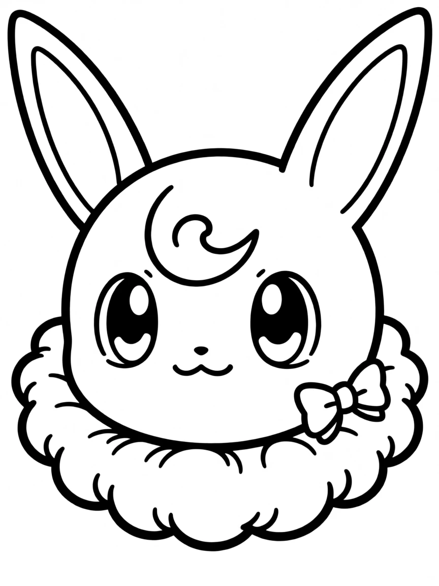A close-up of Jigglypuff's face in bold lines with expressive eyes and detailed costume elements.