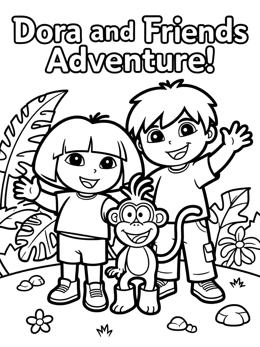 A group coloring page featuring Dora the Explorer with other characters from the same show or movie.
