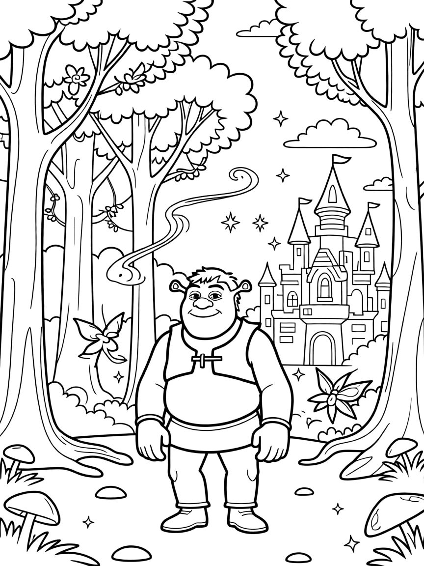 A fantasy background of Shrek in a magical forest or castle, with sparkles and mystical creatures.