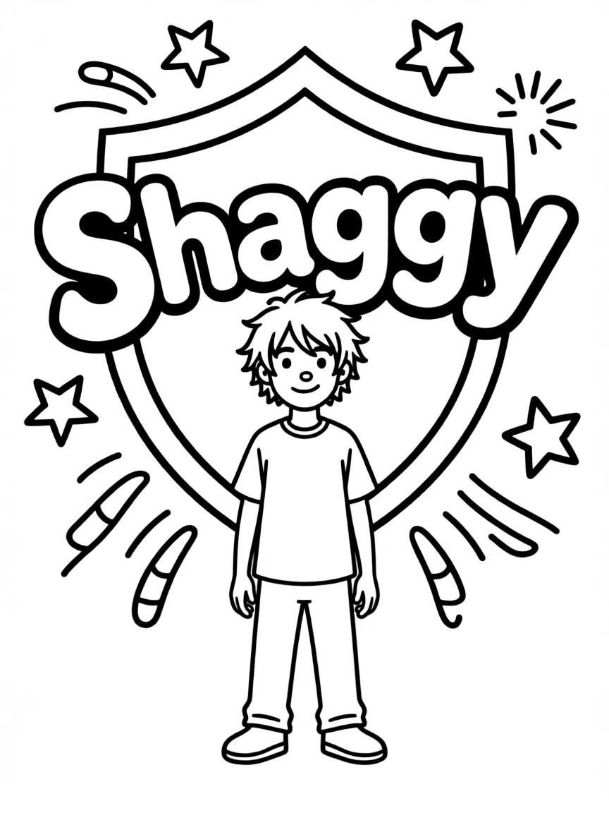 Shaggy standing proudly in front of their iconic logo with stars and comic-style effects around.