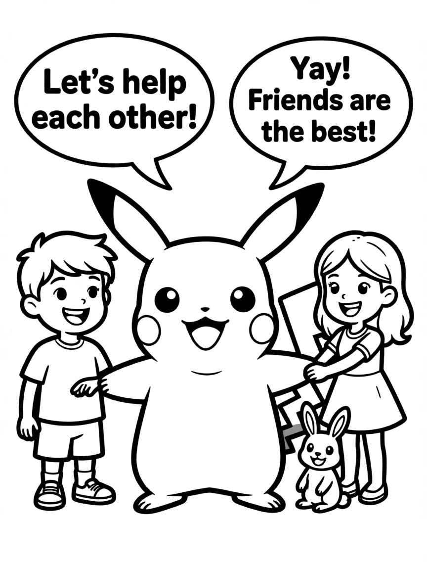 A cartoon-style drawing of Pikachu helping friends, with speech bubbles and cheerful faces.