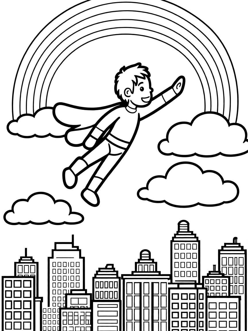 Spiderman flying through the clouds with a rainbow behind and city skyline below.