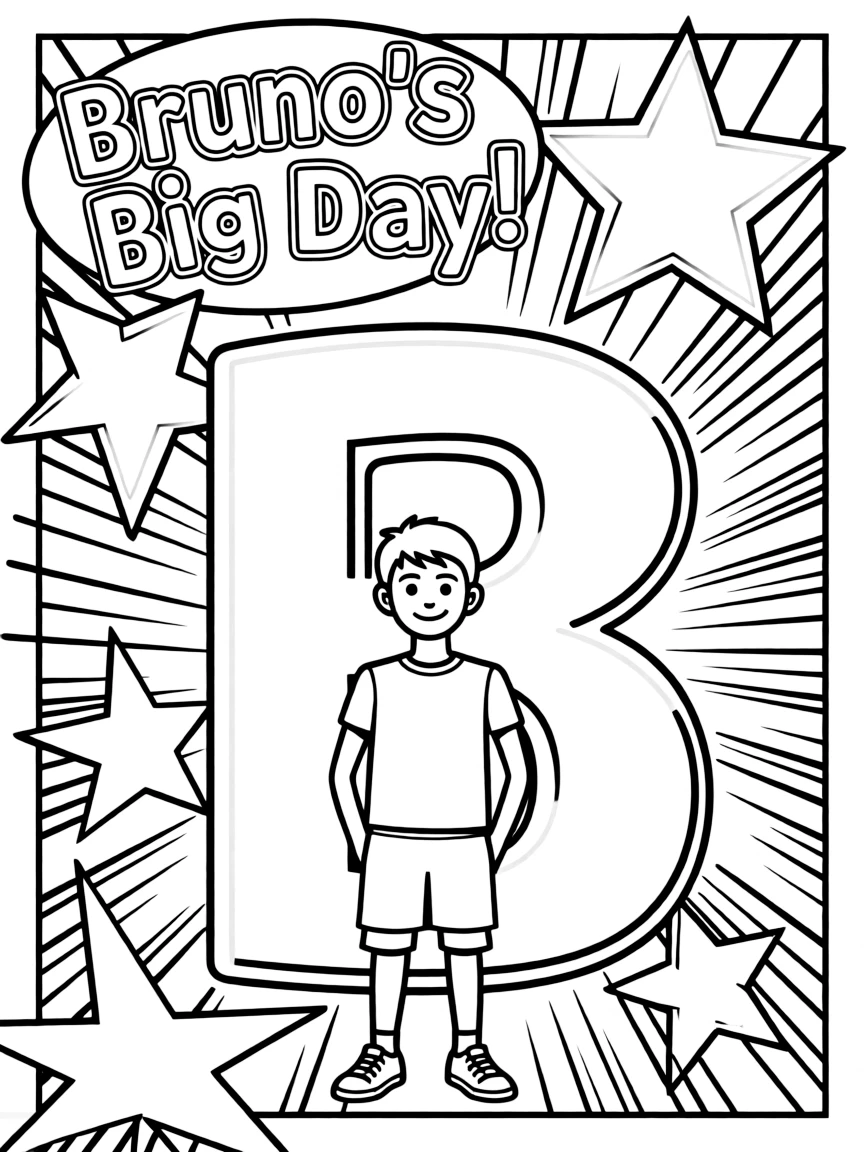 Bruno standing proudly in front of their iconic logo with stars and comic-style effects around.