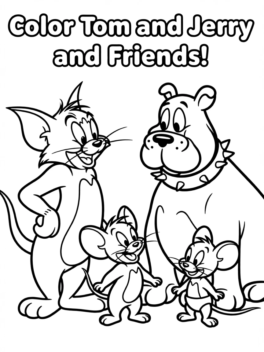 A group coloring page featuring Tom and Jerry with other characters from the same show or movie.